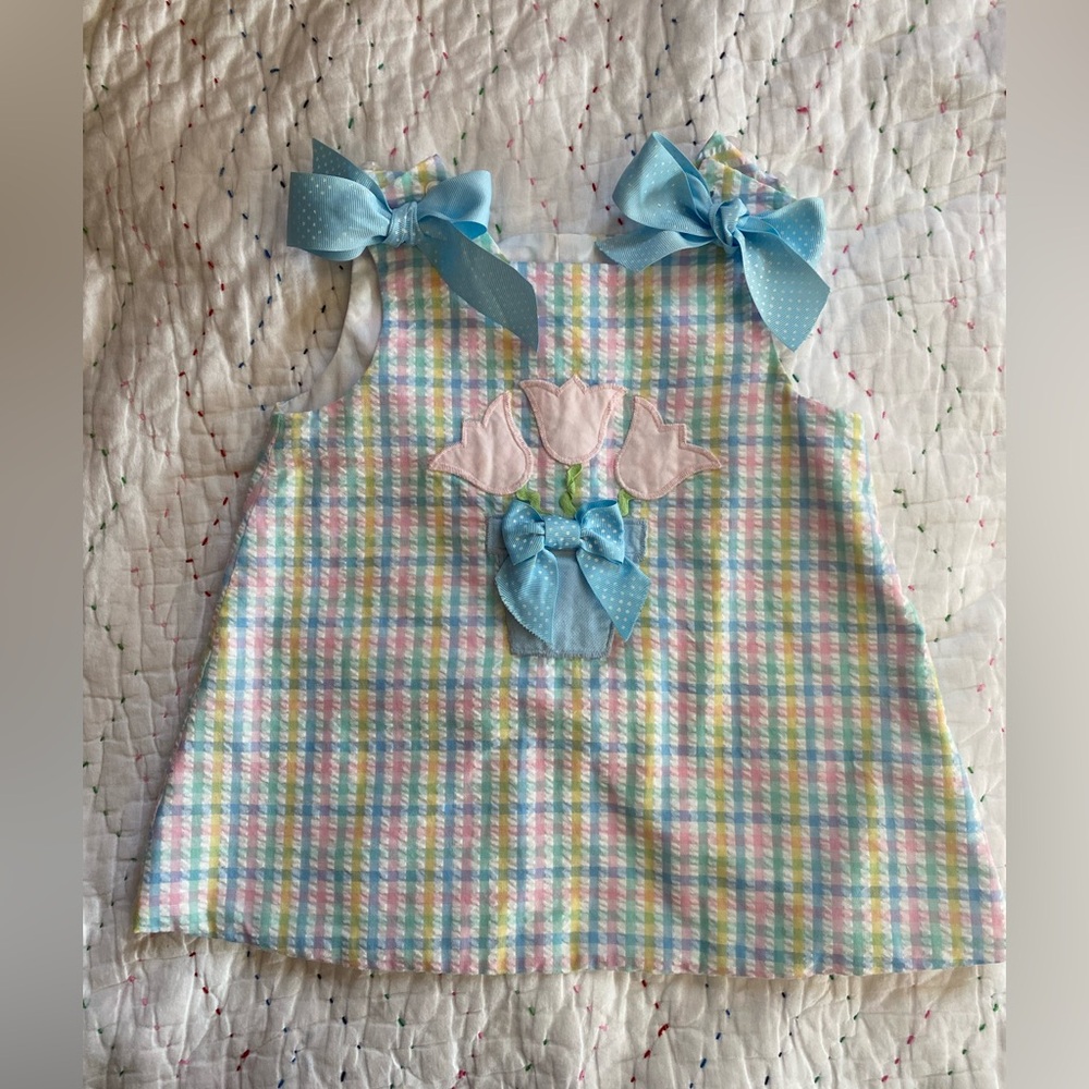 Bailey Boys Pastel Plaid Bow Shoulder Dress with Tulip Applique 3T